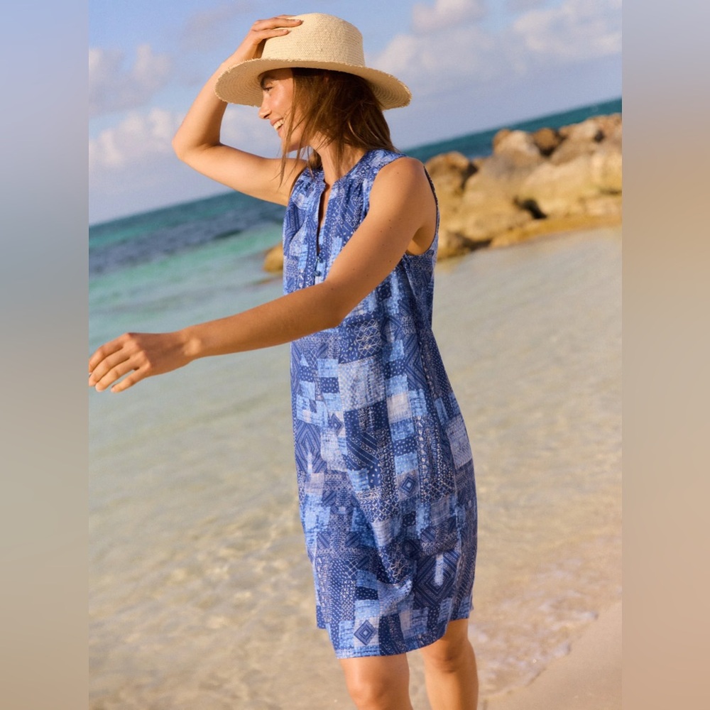 J. McLaughlin Nylee Sleeveless Linen Dress in Diamond Patch Blue